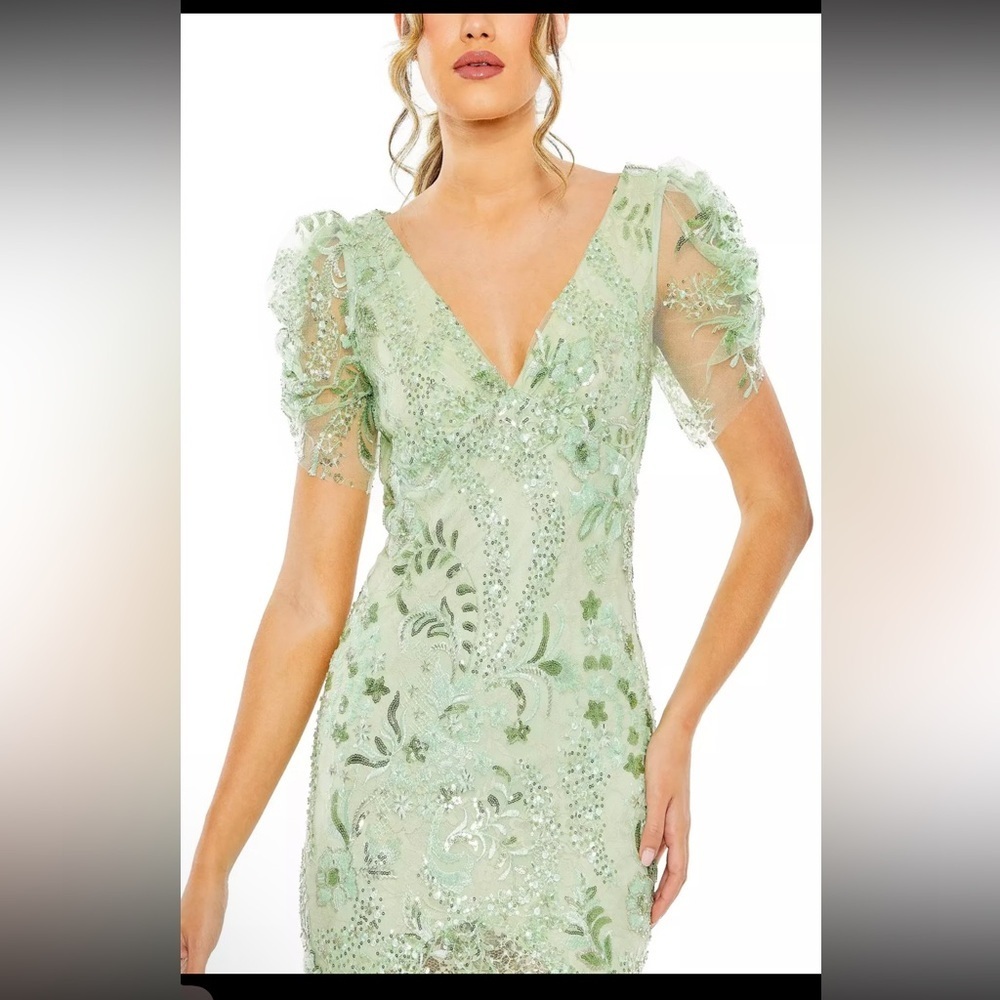 Mac Duggal Size 8 Mint Green 68266 Puff Sleeve V-Neck Embellished Midi Dress New - Picture 3 of 15
